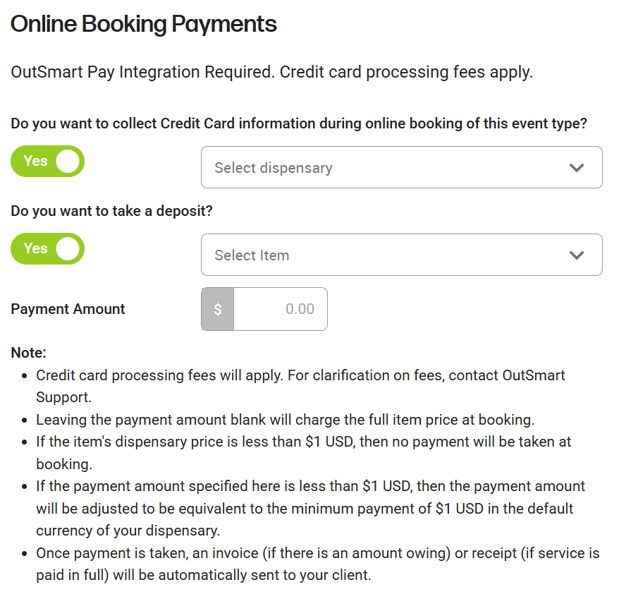  How to add credit card registration, deposits, or payments at the time of online booking. Shows the credit card registration or payment settings for event and service types for online booking,  in the "Create new event type" or "Edit event type" panel. 